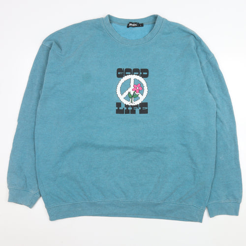 Shock Men Blue Graphic Peace Flower Pullover Sweatshirt L