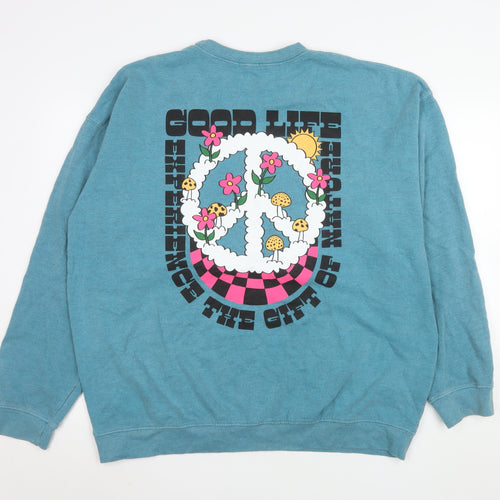 Shock Men Blue Graphic Peace Flower Pullover Sweatshirt L
