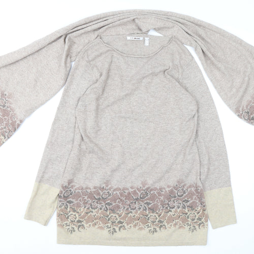 Punt Roma Womens Beige Floral Knit Bell Sleeve Pullover Jumper Size S