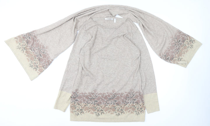 Punt Roma Womens Beige Floral Knit Bell Sleeve Pullover Jumper Size S