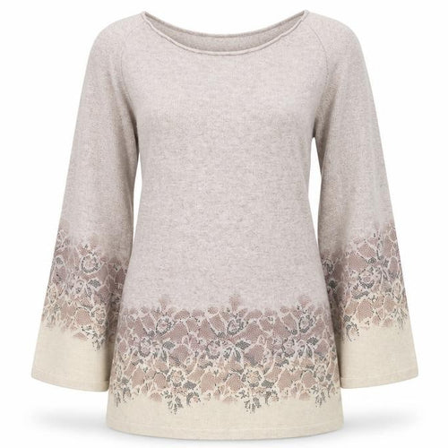 Punt Roma Womens Beige Floral Knit Bell Sleeve Pullover Jumper Size S