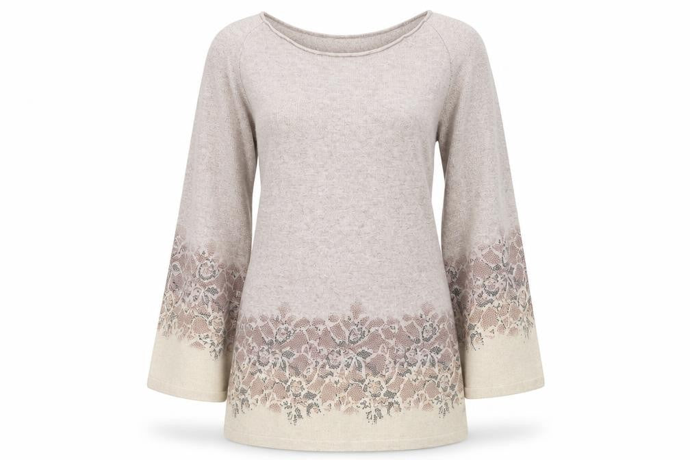 Punt Roma Womens Beige Floral Knit Bell Sleeve Pullover Jumper Size S