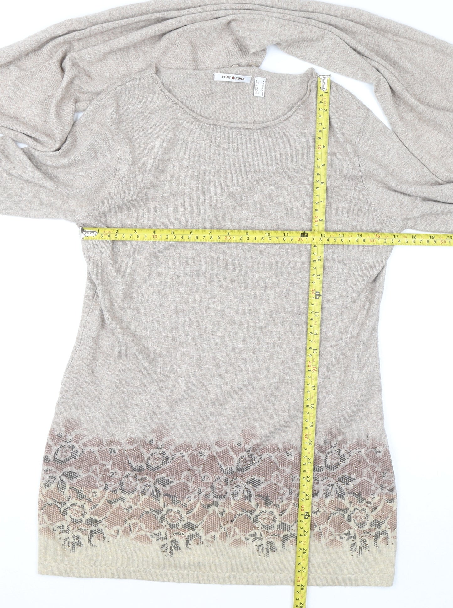 Punt Roma Womens Beige Floral Knit Bell Sleeve Pullover Jumper Size S