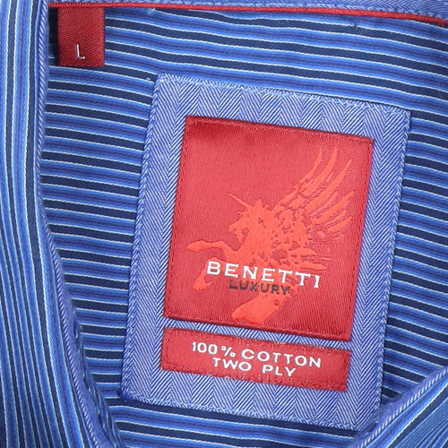 Benetti Luxury Men's Blue Striped Cotton Long Sleeve Button-Up Shirt Size L