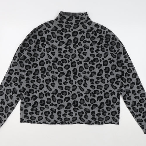 Tahari Womens Grey Leopard Print Mock Neck Jumper XL