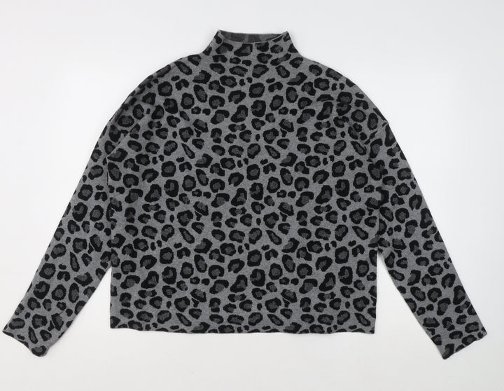 Tahari Womens Grey Leopard Print Mock Neck Jumper XL