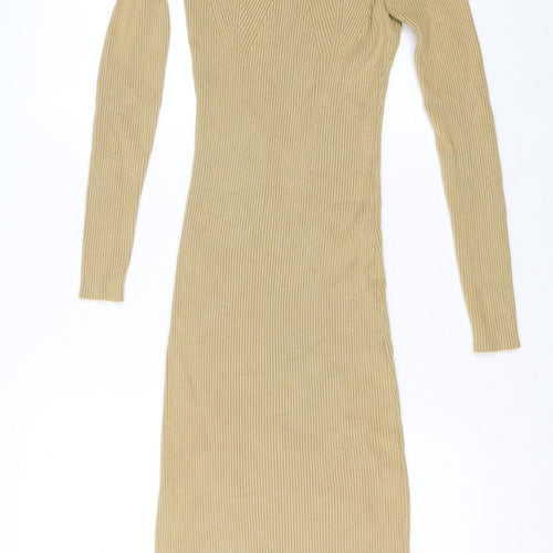 QED London Women Beige Ribbed Knit Midi Bodycon Dress Size M