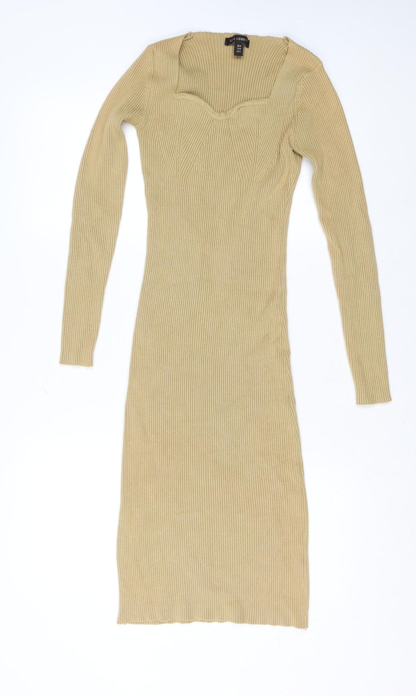 QED London Women Beige Ribbed Knit Midi Bodycon Dress Size M