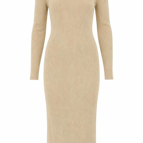QED London Women Beige Ribbed Knit Midi Bodycon Dress Size M