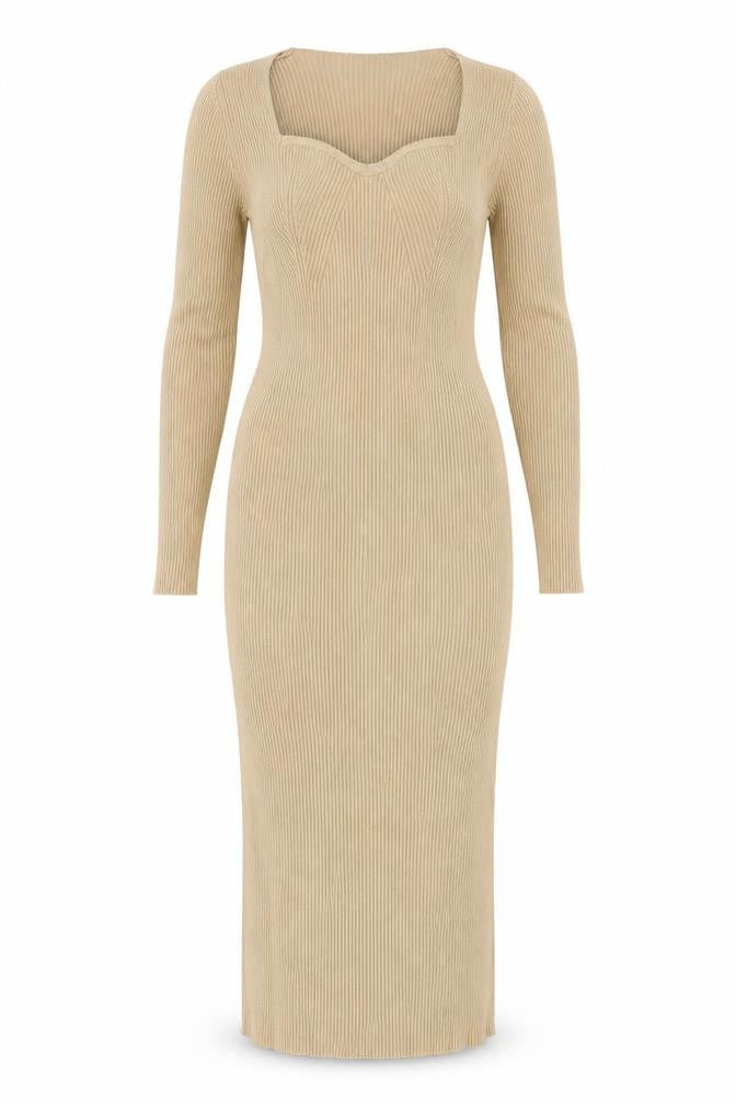QED London Women Beige Ribbed Knit Midi Bodycon Dress Size M