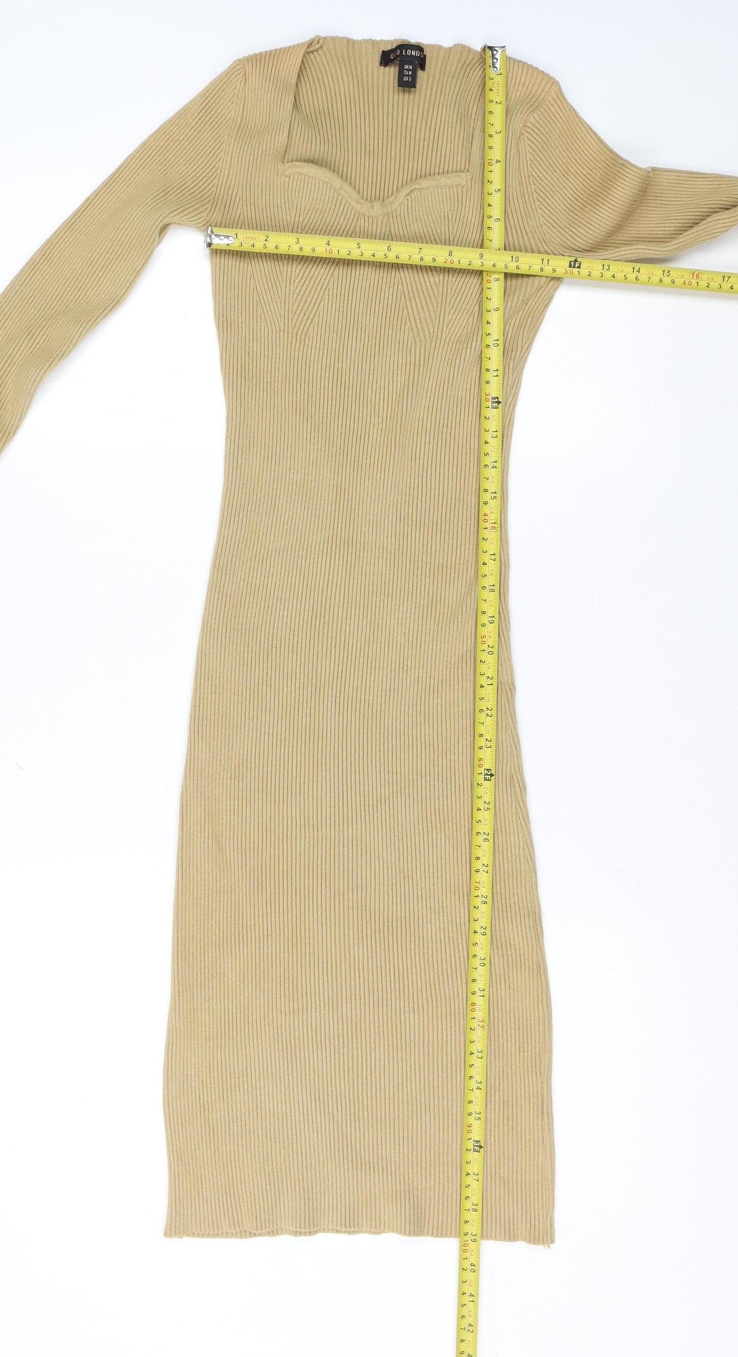 QED London Women Beige Ribbed Knit Midi Bodycon Dress Size M