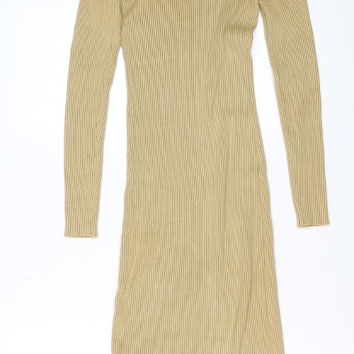 QED London Women Beige Ribbed Knit Midi Bodycon Dress Size M