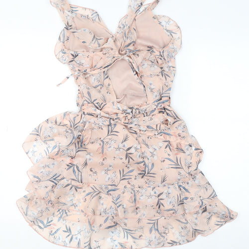 Quiz Women’s Pink Floral Wrap Dress Size 8 Sleeveless Ruffle Short