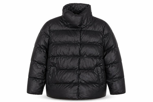 Front view of Next women’s black puffer jacket, size UK 12, warm shower resistant winter coat