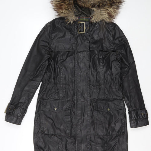 River Island Womens Black Long Parka Coat Faux Fur Hood Size 8
