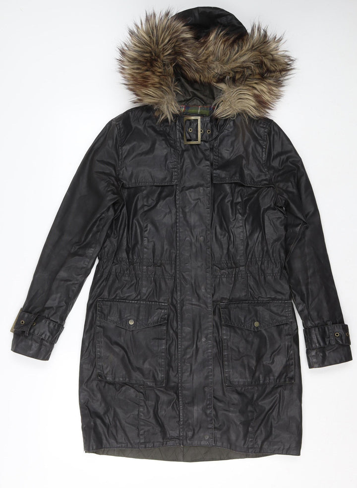 River Island Womens Black Long Parka Coat Faux Fur Hood Size 8