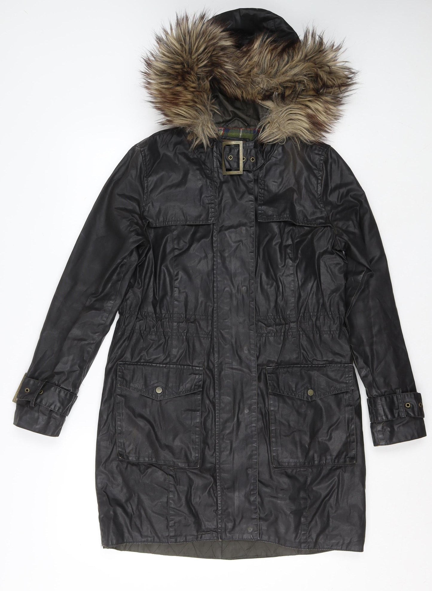 River Island Womens Black Long Parka Coat Faux Fur Hood Size 8