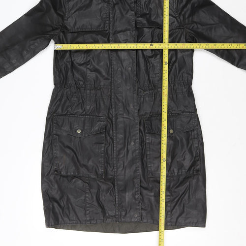 River Island Womens Black Long Parka Coat Faux Fur Hood Size 8