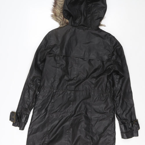 River Island Womens Black Long Parka Coat Faux Fur Hood Size 8