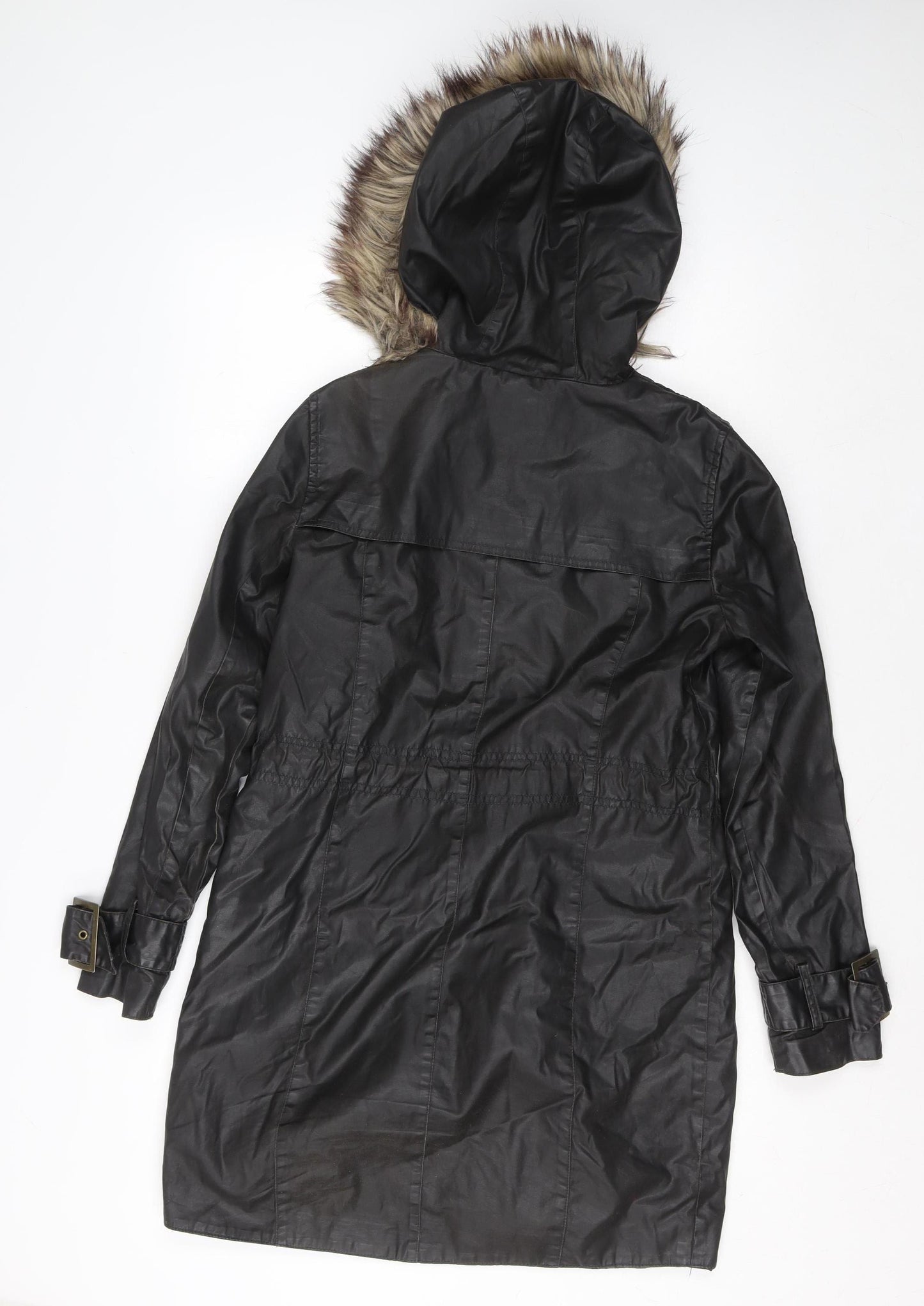 River Island Womens Black Long Parka Coat Faux Fur Hood Size 8
