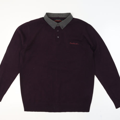 Pierre Cardin Men's Purple Collared Henley Jumper Size L