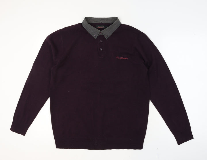 Pierre Cardin Men's Purple Collared Henley Jumper Size L