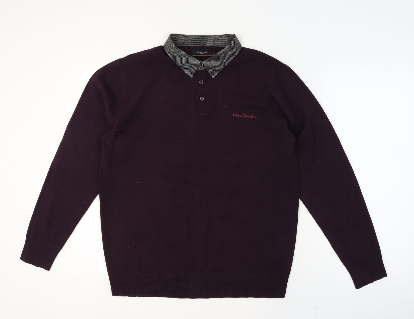 Pierre Cardin Men's Purple Collared Henley Jumper Size L