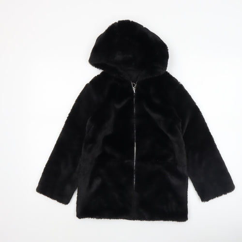 Dunnes Stores Girls Black Faux Fur Hooded Zip Coat 7-8 Years