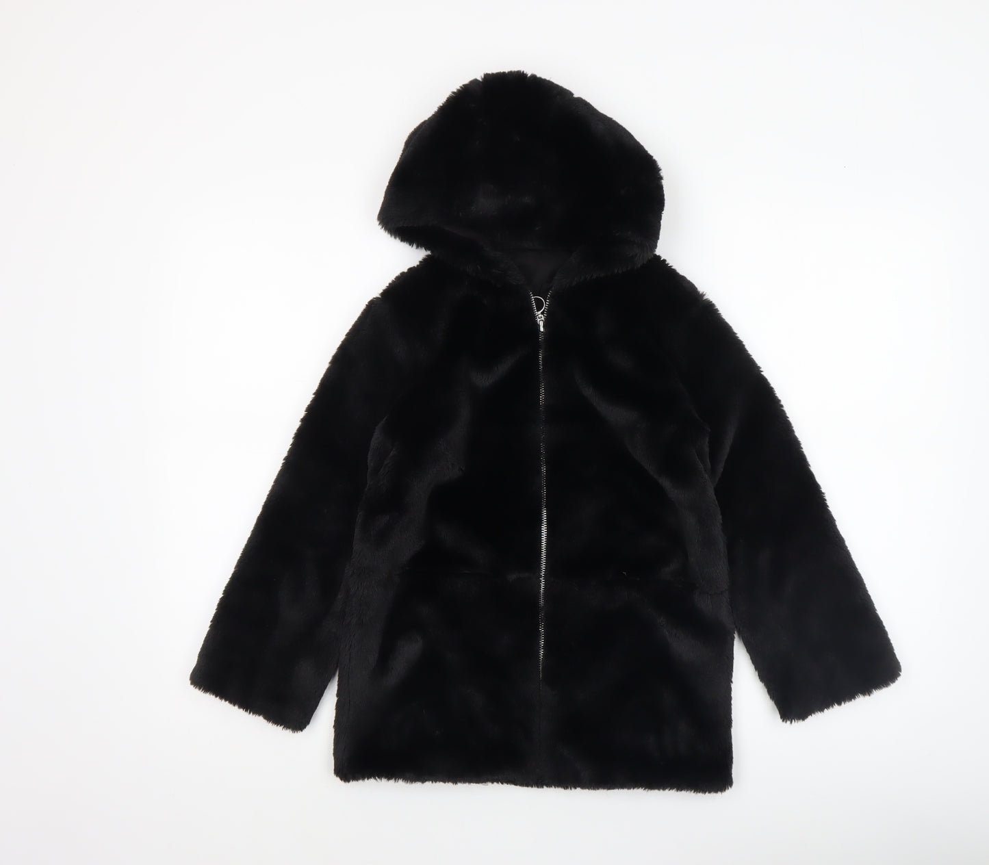 Dunnes Stores Girls Black Faux Fur Hooded Zip Coat 7-8 Years
