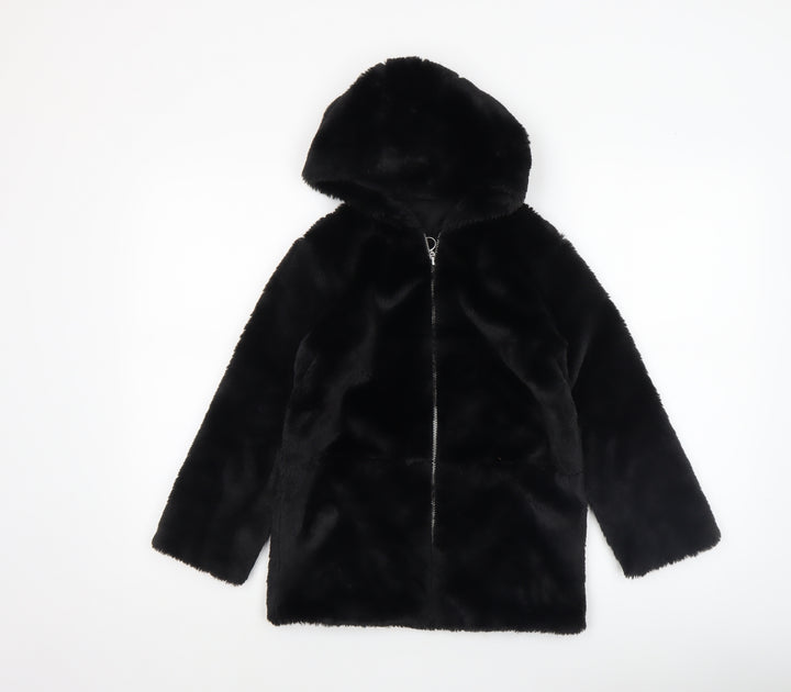 Dunnes Stores Girls Black Faux Fur Hooded Zip Coat 7-8 Years