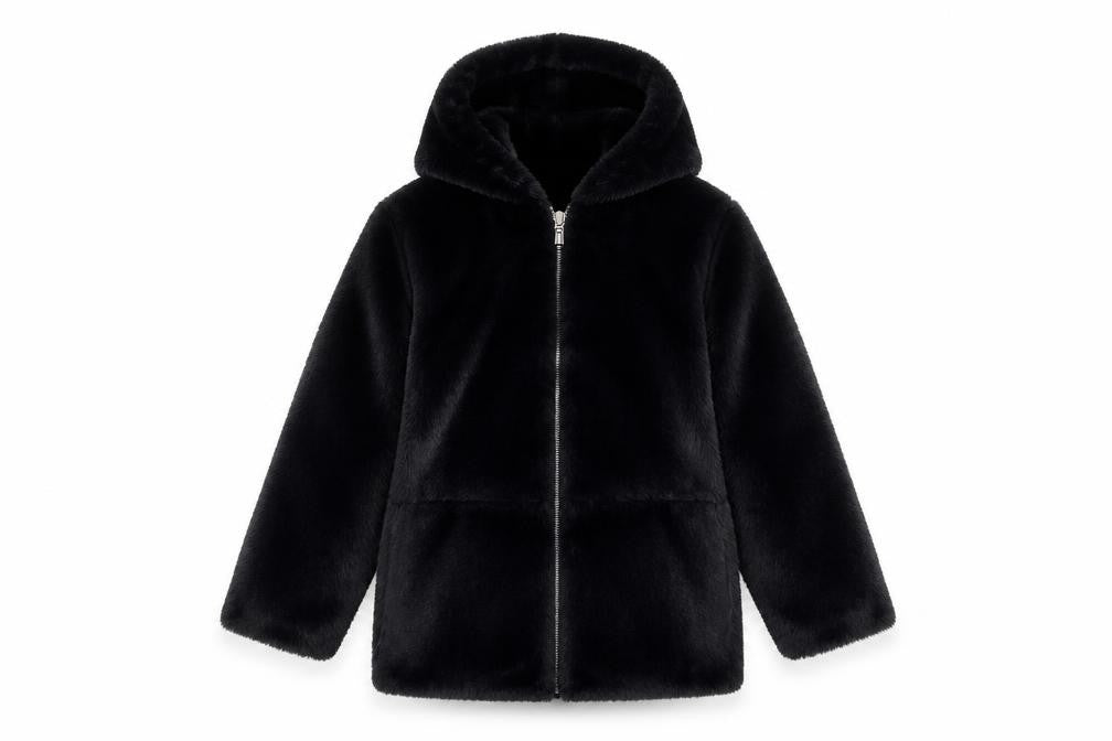 Dunnes Stores Girls Black Faux Fur Hooded Zip Coat 7-8 Years