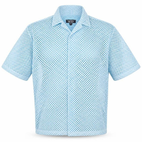 boohooMAN Men's Blue Mesh Button-Up 3/4 Sleeve Casual Shirt M