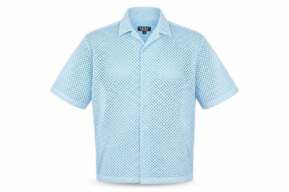 boohooMAN Men's Blue Mesh Button-Up 3/4 Sleeve Casual Shirt M