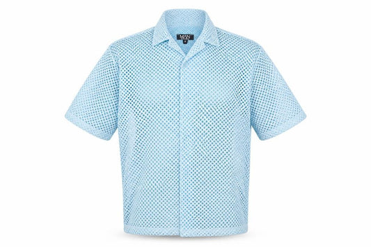 Front view of boohooMAN Men's Blue Mesh Button-Up 3/4 Sleeve Casual Shirt M