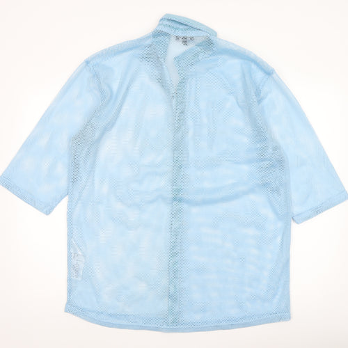boohooMAN Men's Blue Mesh Button-Up 3/4 Sleeve Casual Shirt M