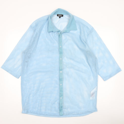 boohooMAN Men's Blue Mesh Button-Up 3/4 Sleeve Casual Shirt M