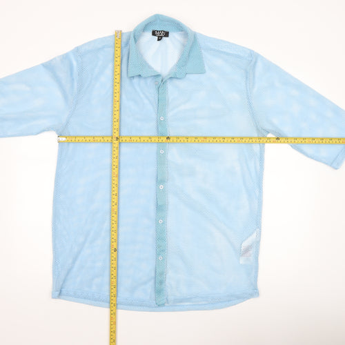boohooMAN Men's Blue Mesh Button-Up 3/4 Sleeve Casual Shirt M
