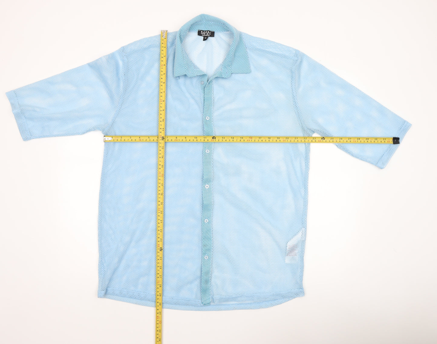 boohooMAN Men's Blue Mesh Button-Up 3/4 Sleeve Casual Shirt M