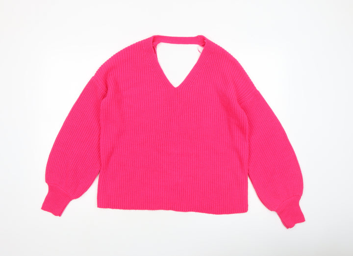 Miss Selfridge Women’s Pink V-Neck Chunky Knit Jumper Size 8