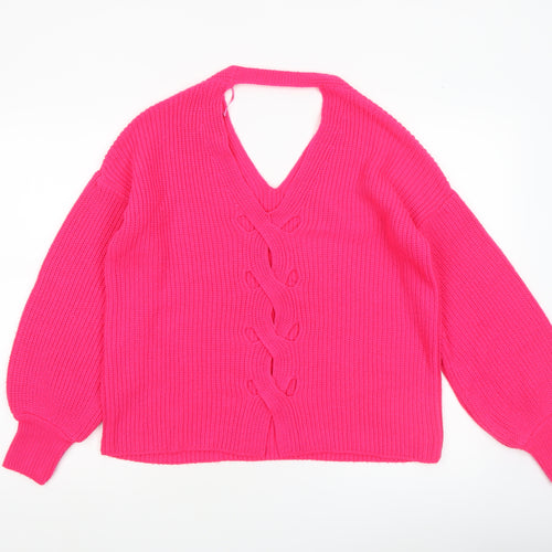 Miss Selfridge Women’s Pink V-Neck Chunky Knit Jumper Size 8