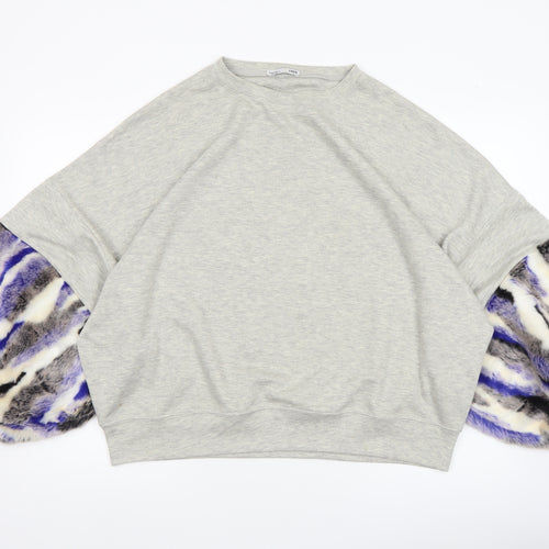 ZARA Womens Grey Faux Fur Sleeve Sweatshirt Size M Relaxed Fit