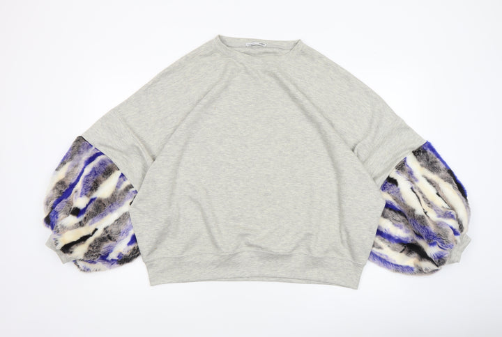ZARA Womens Grey Faux Fur Sleeve Sweatshirt Size M Relaxed Fit
