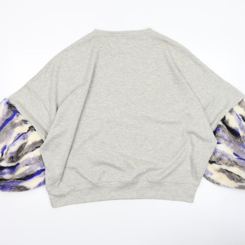 ZARA Womens Grey Faux Fur Sleeve Sweatshirt Size M Relaxed Fit