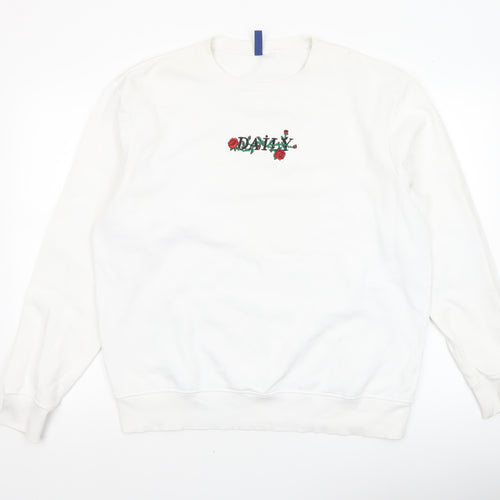 H&M Divided Men's White Embroidered Rose Graphic Pullover Sweatshirt L