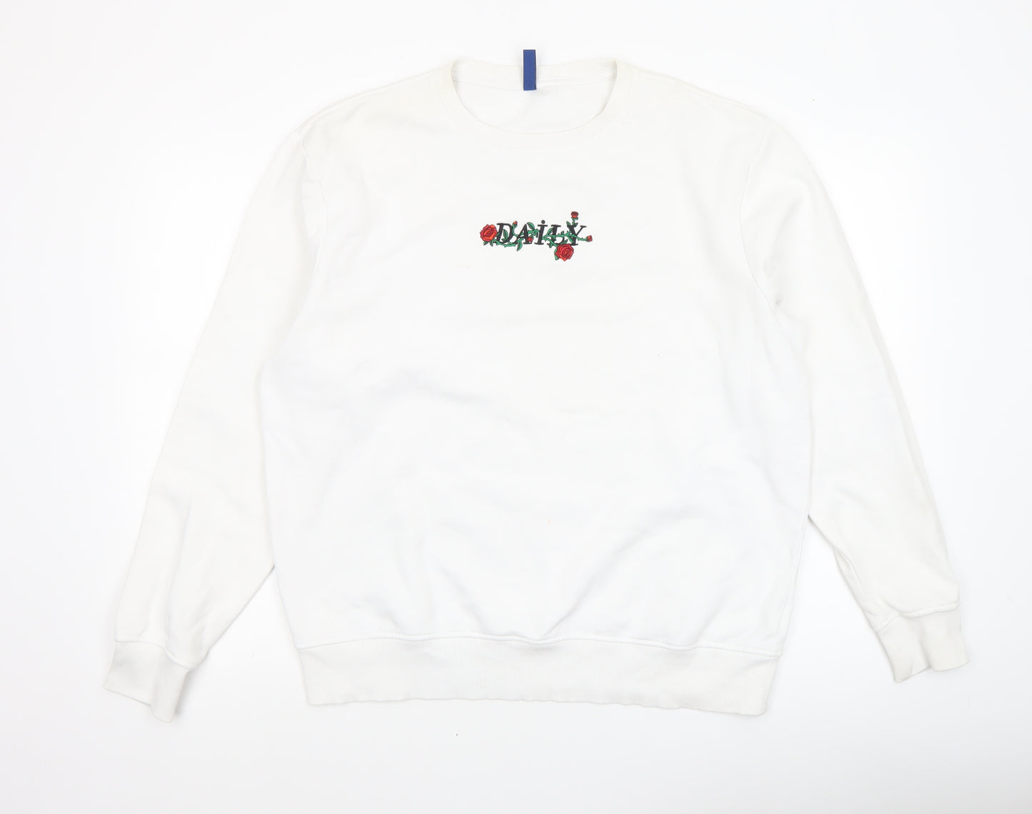H&M Divided Men's White Embroidered Rose Graphic Pullover Sweatshirt L