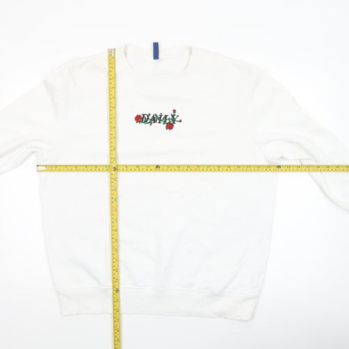 H&M Divided Men's White Embroidered Rose Graphic Pullover Sweatshirt L