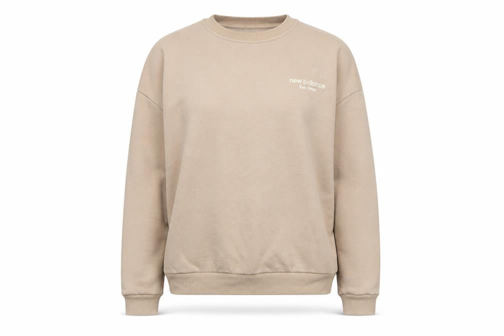 Front view of New Balance Women's Beige Pullover Sweatshirt Small Graphic Print