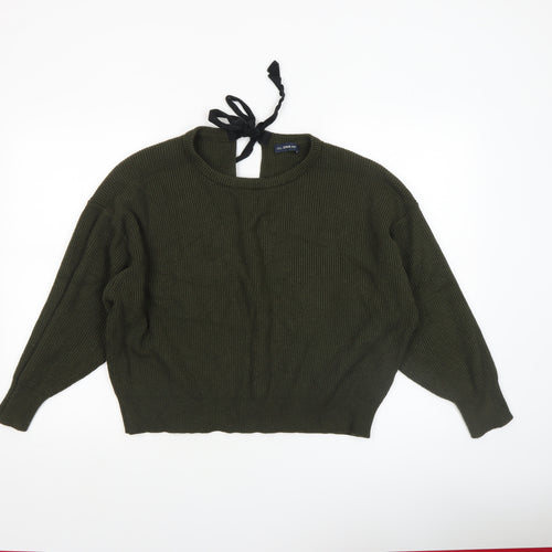 Zara Women Green Relaxed Knit Bow Back Long Sleeve Jumper XL