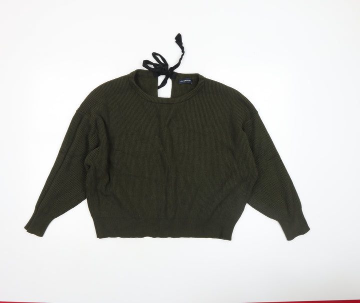 Zara Women Green Relaxed Knit Bow Back Long Sleeve Jumper XL