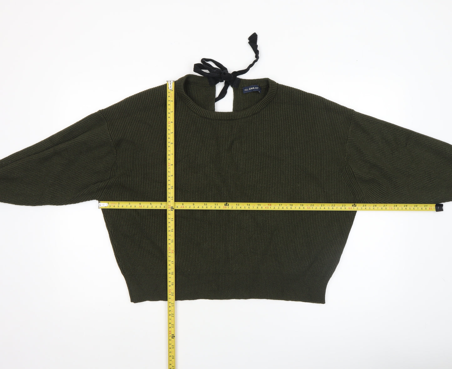 Zara Women Green Relaxed Knit Bow Back Long Sleeve Jumper XL